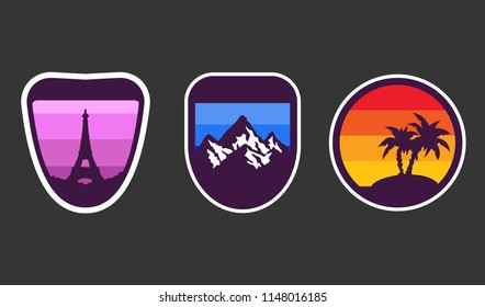 Set of the travelling badges and vector stickers showing different types of tourist attrarctions