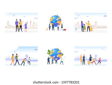 Set of travelling and communicating people. Flat vector illustrations of families with kids near airport, travelers with luggage. Travel concept for banner, website design or landing web page