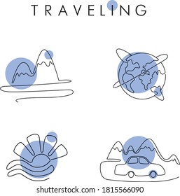 set travelling icons mono line graphic