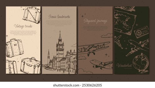 Um conjunto de banners temáticos de viagem com malas, aviões, Big Ben e um mapa do mundo, todos desenhados em um estilo de esboço vintage, perfeito para promoções de turismo