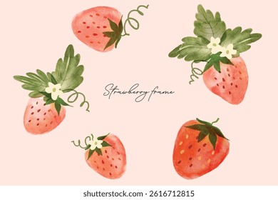 Set of trawberry watercolor art background with flower and leaves. Sweet strawberry in frame. Vector illustration. Strawberry pattern. Fruit berry background. Summer fruit texture