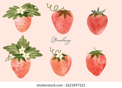 Set of trawberry watercolor art background with flower and leaves. Sweet strawberry in frame. Vector illustration. Strawberry pattern. Fruit berry background. Summer fruit texture