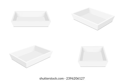 Set of Tray Mockups, Front, Side View, Isolated On White Background. Vector Illustration