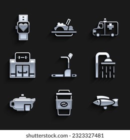 Set Treadmill machine, Coffee cup to go, Fish, Shower head, Teapot with, Gym building, Ambulance and emergency car and Smart watch icon. Vector