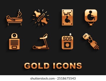 Set Treadmill machine, Disabled wheelchair, Prosthesis hand, Press SOS button, Intercom, Separated toilet for disabled, Patient with broken leg and Joint pain, knee pain icon. Vector