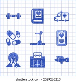 Set Treadmill machine, Gym building, Fish, Medical clipboard, Meditation, Vitamin pill, Ambulance and emergency car and Dumbbell icon. Vector