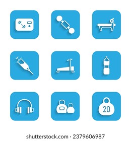 Set Treadmill machine, Kettlebell, Bottle of water, Headphones, Doping syringe, Bench with barbel and Fitness club, gym card icon. Vector
