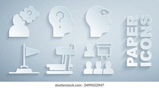 Set Treadmill machine, Man with third eye, Flag, Training, presentation, Head question mark and  icon. Vector