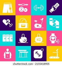Set Treadmill machine, Smart watch with heart, Socks, Dumbbell, Sport bag, Short pants and Stationary bicycle icon. Vector