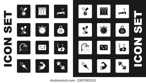 Ajuste máquina Treadmill, Stopwatch, píldora de vitamina, Medal, Kettlebell, Locker o vestuario, bicicleta estatiaria e icono de cabeza de ducha. Vector