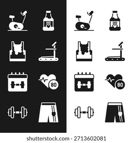 Set Treadmill machine, Sweaty sleeveless t-shirt, Stationary bicycle, Vitamins, Calendar fitness, Heart rate, Short or pants and Dumbbell icon. Vector