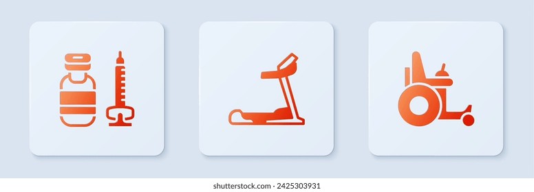 Set Treadmill machine, Syringe and Electric wheelchair. White square button. Vector