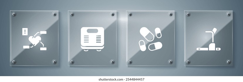 Set Treadmill machine, Vitamin pill, Bathroom scales and Attention to health heart. Square glass panels. Vector