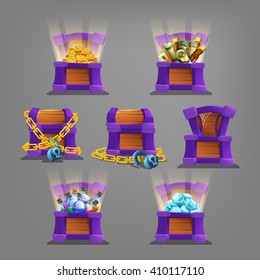 Set of  treasure in chest. Golden coins, gems, potions and scrolls. Vector illustration.