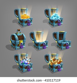 Set of  treasure in chest. Golden coins, gems, potions and scrolls . Vector illustration.