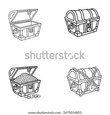 Set of treasure chest, open and closed, locked and chained, empty and full of gold coins and jewelry. Hand drawn vector of chest Outline, sketch. Good for element, icon, logo, sticker, clipart.