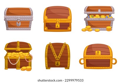 Set Of Treasure Chests, Perfect For Storing Jewelry, Coins, And Other Small Valuables. Made Of Wooden Materials With Intricate Designs And Locks. Wood Trunks with Loot. Cartoon Vector Illustration