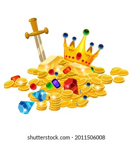 Set of treasure gold coins, crown, gems, sword, jevels, diamonds. Ancient fantasy pile gold luxury. Vector cartoon style for games apps illustration