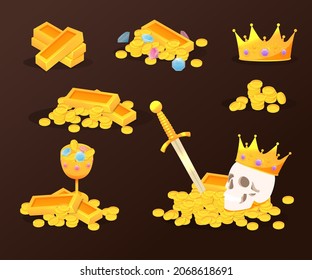 Set Treasure, gold, coins, jewels, crown, sword. Isolated vector illustration on white background. Casino and Game cartoon 3d money icons.