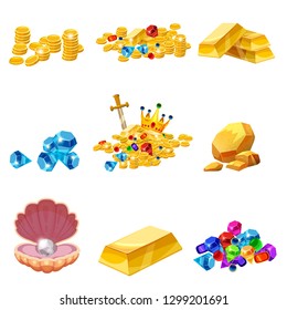 Set Treasure, gold, coins, rock gold nugget, bars, jewels, crown, shell pearl. Vector, isolated, cartoon style, for games, apps, white background