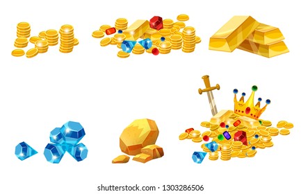 Set Treasure, Gold, Coins, Rock Gold Nugget, Bars, Jewels, Crown, Vector, Isolated, Cartoon Style, For Games, Apps, White Background