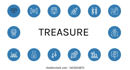 Set of treasure icons such as Diamond, Treasure map, Ship in a bottle, Earrings, Gold, Money bag, Ruins, Sign, Sarcophagus , treasure