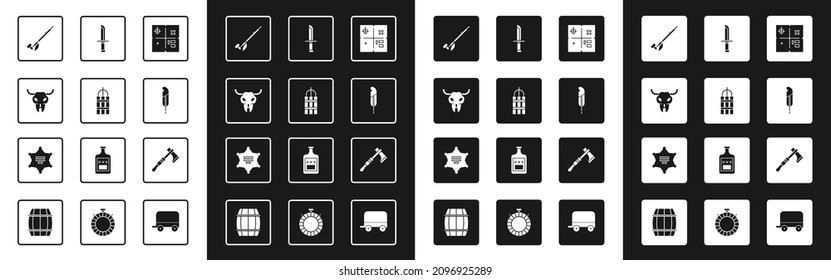 Set Treasure map, Detonate Dynamit Bombenstab, Buffalo Schädel, Indianerrauchrohr, Feather Füller, Militärmesser, Tomahawk Axt und Hexagram Sheriff Symbol. Vektorgrafik