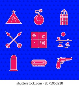 Set Treasure map, Harmonica, Revolver gun, Desert scape with cactus, Bullet, Crossed flws, Detonate dinamite Bomb stick e Indian teepee or wigwam icon. Vector