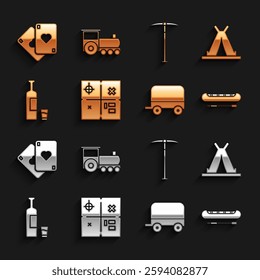 Set Treasure map, Indian teepee or wigwam, Kayak canoe and paddle, Wild west covered wagon, Whiskey bottle glass, Pickaxe, Playing cards and Retro train icon. Vector