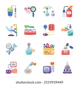Conjunto de iconos planos de equipos de tratamiento y laboratorio  