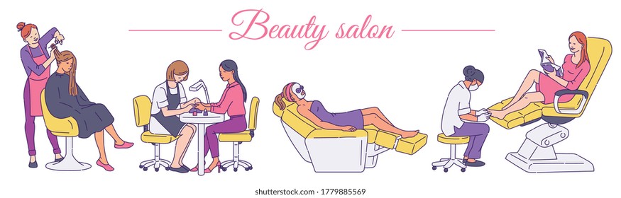 A set of treatments at a spa or beauty salon. Women relax and get services to take care of their appearance. Vector banner with the inscription Beauty Salon. Linear illustration.