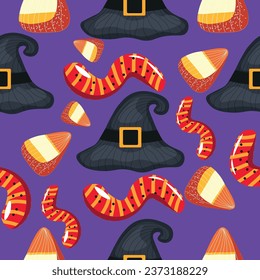 Set of treats for Halloween on purple background. Pattern for de