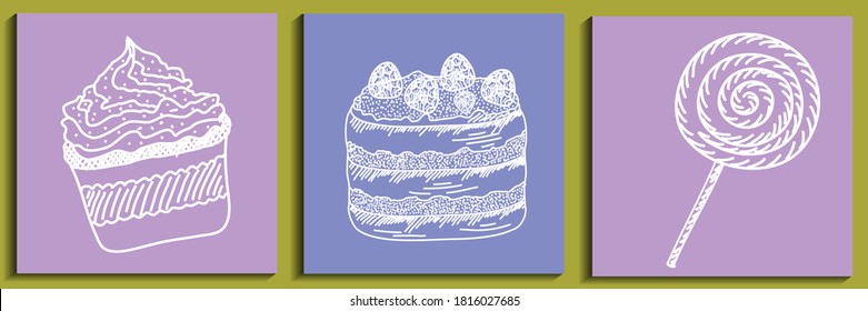 A set of treats with a white outline, isolated on separate stickers. Vector illustration in a simple hand-drawn style. Lollipop, cake and cupcake for decorating postcards.