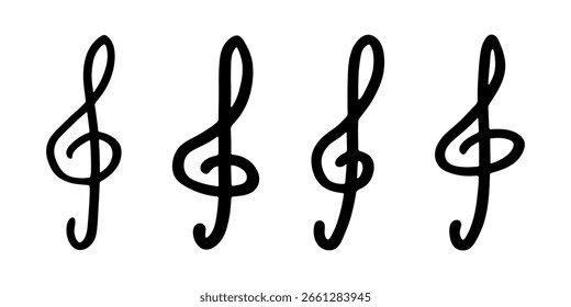Satz von Doodle mit drei Schlüssel. Handgezeichnetes Musiksymbol. Einzelelement für Print, Web, Design, Dekor, Logo