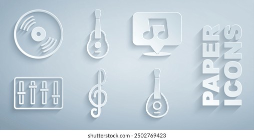Set Treble clef, Music note, tone, Sound mixer controller, Guitar,  and Vinyl disk icon. Vector