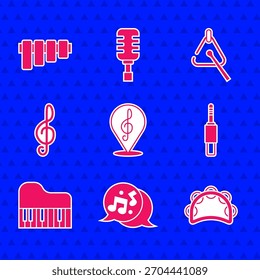 Conjunto clave de agudos, nota de música, tono, pandereta, conector de audio, piano de cola, triángulo y icono de flauta de cacerola. Vector