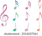 Set of treble clef and musical notes watercolor vector illustration drawing isolated