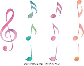 Set of treble clef and musical notes watercolor vector illustration drawing isolated