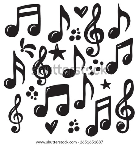 Set of treble clef and musical notes in black isolated on white background. Hand drawn vector sketch illustration in doodle vintage line art style. Music creation, icon, silhouette drawing, song.