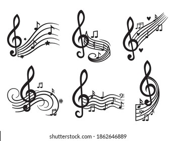 Set of treble clef with notes. Collection of sheet music on the stave. Musical symbol. Vector illustration isolated on white background.