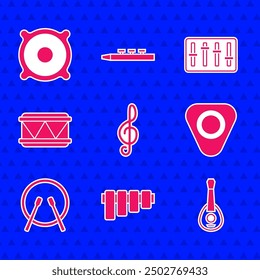 Set Treble clef, Pan flute, Guitar, pick, Drum and drum sticks, Sound mixer controller and Stereo speaker icon. Vector