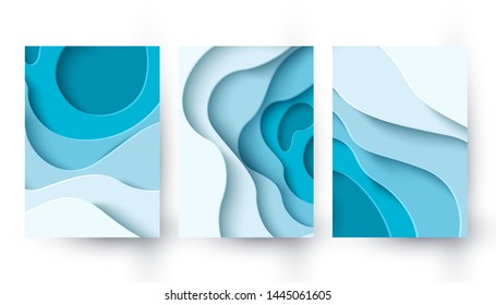 Set of tree abstract blue paper cut background with liquid shapes. Modern vector illustration for concept design banner, poster, flyer template. Realistic 3d layered smooth bending objects .