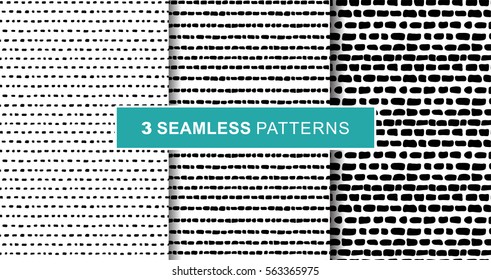 Set of tree abstract hand draw seamless patterns. Black stripes on white background. eps10