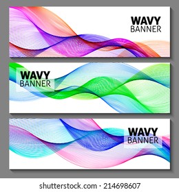 set of tree abstract wavy lines banners for your business presentation. curve lines background. vector tech wavy green and pink and blue banner.