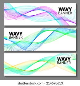 set of tree abstract wavy lines banners for your business presentation. curve lines background. vector tech wavy green and pink and blue banner.