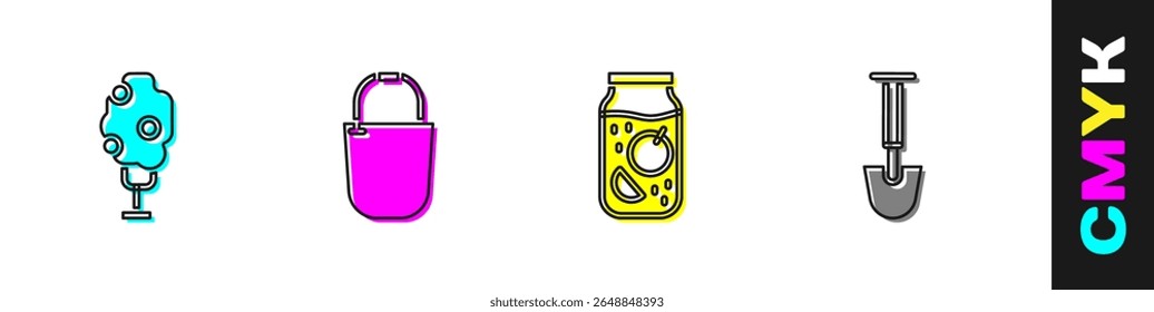 Set Tree with apple, Bucket, Jam jar and Shovel icon. Vector