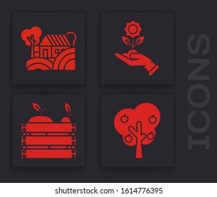 Set Tree with apple, Farm House concept, Hand holding flower and Wooden box for fruits and vegetables icon. Vector