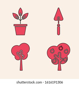 Set Tree with apple, Flowers in pot, Garden trowel spade or shovel and Tree icon. Vector