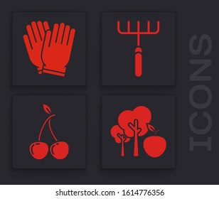 Set Tree with apple, Garden gloves, Garden rake and Cherry icon. Vector