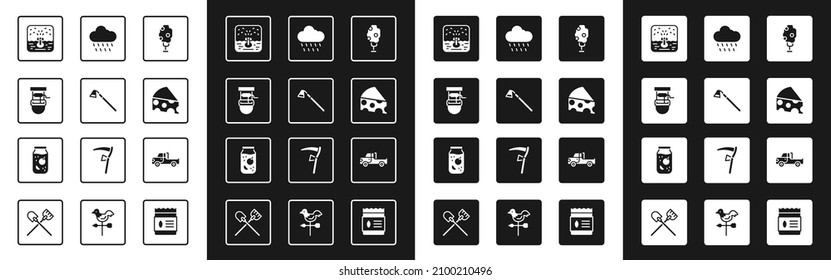 Árbol con manzana, azada de jardín, balde de pozo, rociadores automáticos de riego, queso, lluvia de nubes, camión de recogida e icono de tarro de mermelada. Vector